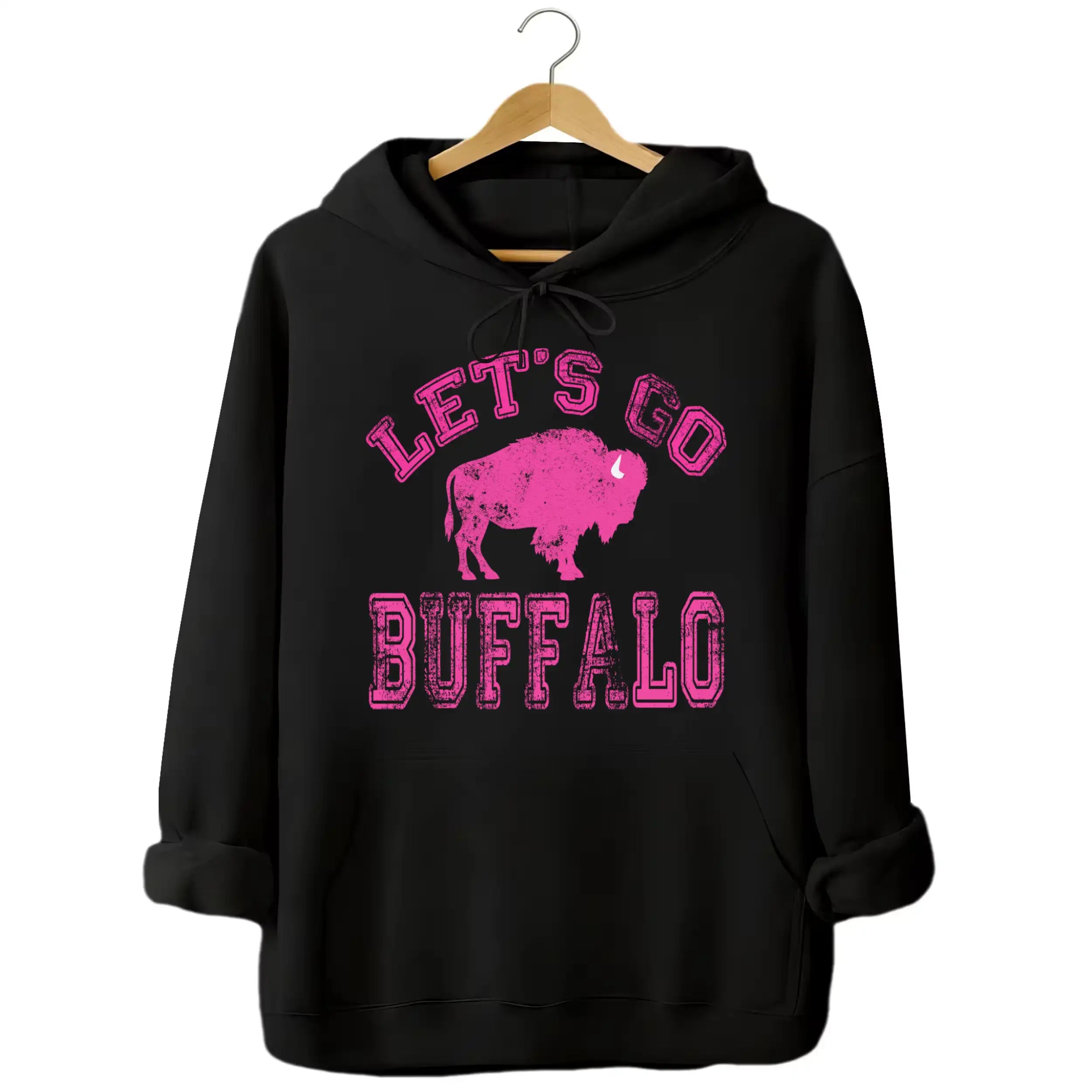 Black Buffalo football hoodie featuring distressed hot pink ‘Let’s Go Buffalo’ varsity lettering and large pink buffalo silhouette graphic, bold women’s game day apparel.