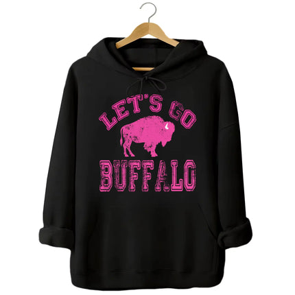 Black Buffalo football hoodie featuring distressed hot pink ‘Let’s Go Buffalo’ varsity lettering and large pink buffalo silhouette graphic, bold women’s game day apparel.