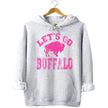 Grey Buffalo football hoodie featuring distressed hot pink ‘Let’s Go Buffalo’ varsity lettering and oversized pink buffalo silhouette graphic, Buffalo tailgate apparel.