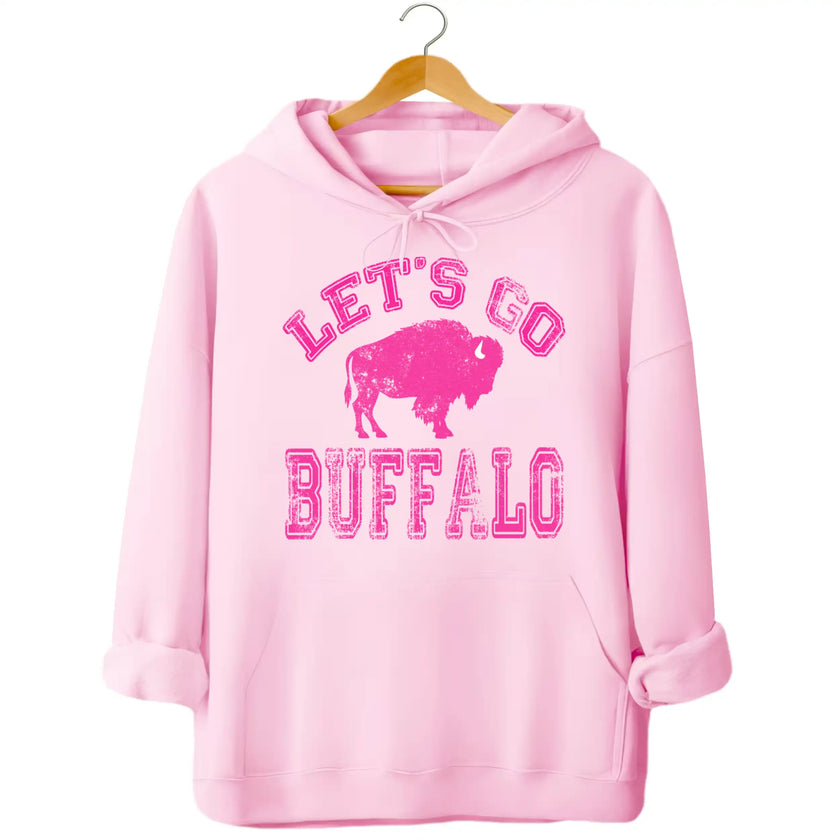 Pink Buffalo football hoodie featuring distressed hot pink ‘Let’s Go Buffalo’ varsity lettering and buffalo silhouette design, feminine Buffalo game day apparel.