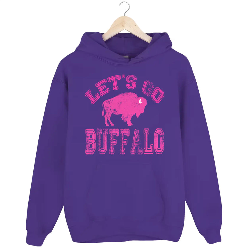 Purple Buffalo football hoodie featuring distressed hot pink ‘Let’s Go Buffalo’ varsity lettering and large pink buffalo silhouette graphic, bold Buffalo fan hoodie