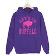 Purple Buffalo football hoodie featuring distressed hot pink ‘Let’s Go Buffalo’ varsity lettering and large pink buffalo silhouette graphic, bold Buffalo fan hoodie