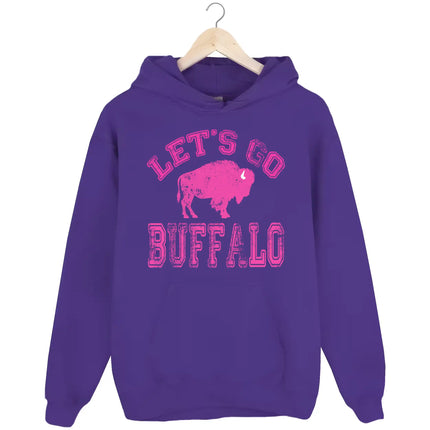 Purple Buffalo football hoodie featuring distressed hot pink ‘Let’s Go Buffalo’ varsity lettering and large pink buffalo silhouette graphic, bold Buffalo fan hoodie