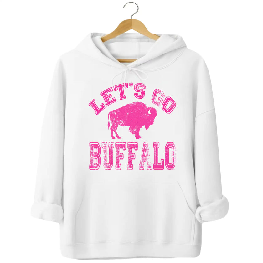 White Buffalo football hoodie featuring distressed hot pink ‘Let’s Go Buffalo’ varsity lettering and pink buffalo silhouette design, stylish Buffalo game day hoodie.