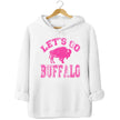 White Buffalo football hoodie featuring distressed hot pink ‘Let’s Go Buffalo’ varsity lettering and pink buffalo silhouette design, stylish Buffalo game day hoodie.