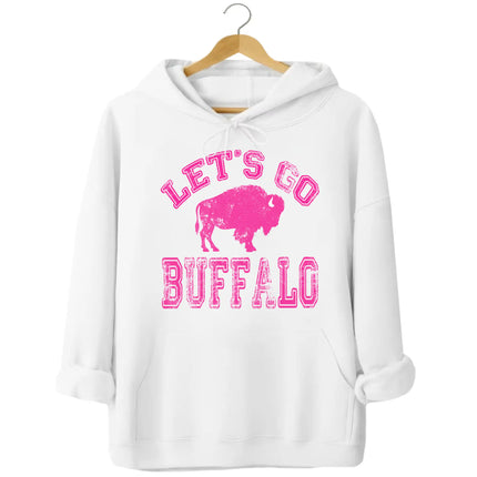 White Buffalo football hoodie featuring distressed hot pink ‘Let’s Go Buffalo’ varsity lettering and pink buffalo silhouette design, stylish Buffalo game day hoodie.