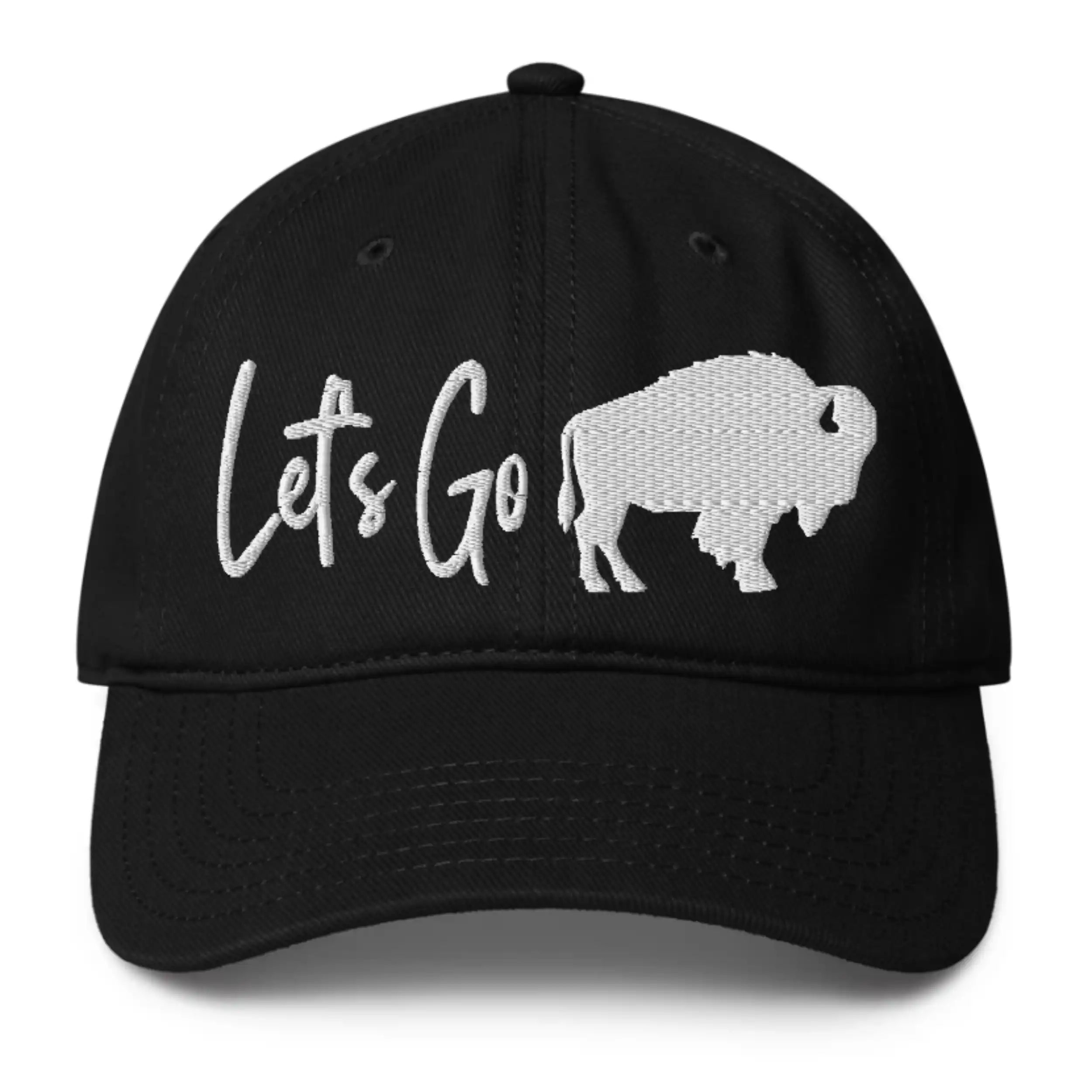 Black low profile Buffalo football hat with ‘Let’s Go’ lettering and Buffalo silhouette graphic, modern embroidered fan cap design.