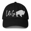 Black low profile Buffalo football hat with ‘Let’s Go’ lettering and Buffalo silhouette graphic, modern embroidered fan cap design.