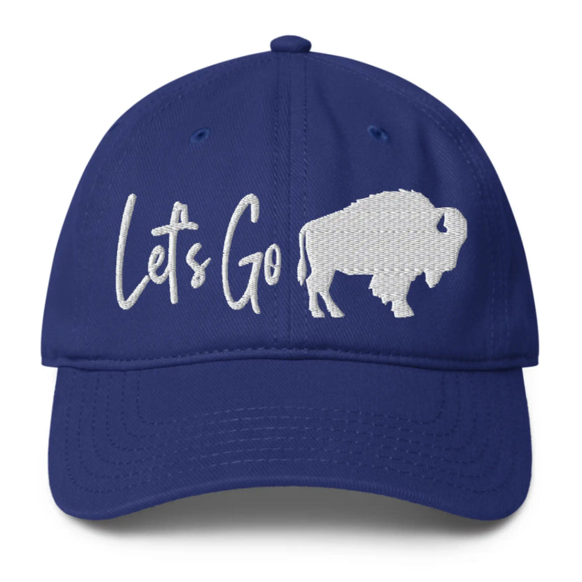 Blue low profile Buffalo football hat featuring ‘Let’s Go’ text and Buffalo silhouette embroidery, stylish Buffalo game day cap