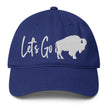 Blue low profile Buffalo football hat featuring ‘Let’s Go’ text and Buffalo silhouette embroidery, stylish Buffalo game day cap