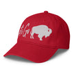 Red low profile dad hat left side view featuring ‘Let’s Go’ Buffalo football embroidery and curved brim design.