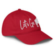Red low profile Buffalo football cap right side view showing embroidered Buffalo silhouette game day design.