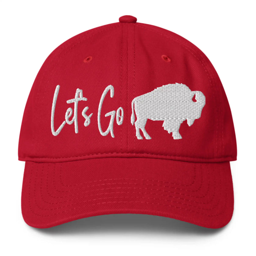 Red low profile Buffalo football hat featuring ‘Let’s Go’ text with Buffalo silhouette graphic replacing Buffalo wording, modern game day cap.