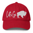 Red low profile Buffalo football hat featuring ‘Let’s Go’ text with Buffalo silhouette graphic replacing Buffalo wording, modern game day cap.