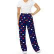 Back view of navy wide leg lounge pants featuring all-over Buffalo football print with colorful buffalo silhouettes and repeating brown football design.