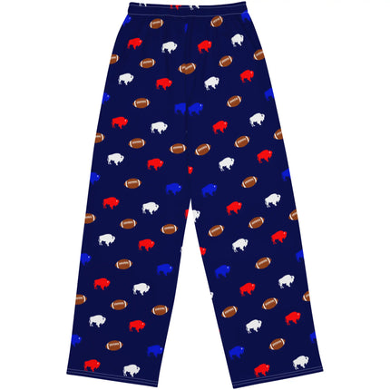Flat lay of navy blue wide leg lounge pants featuring repeating red white and blue buffalo silhouettes with brown footballs in a playful Buffalo football pattern.