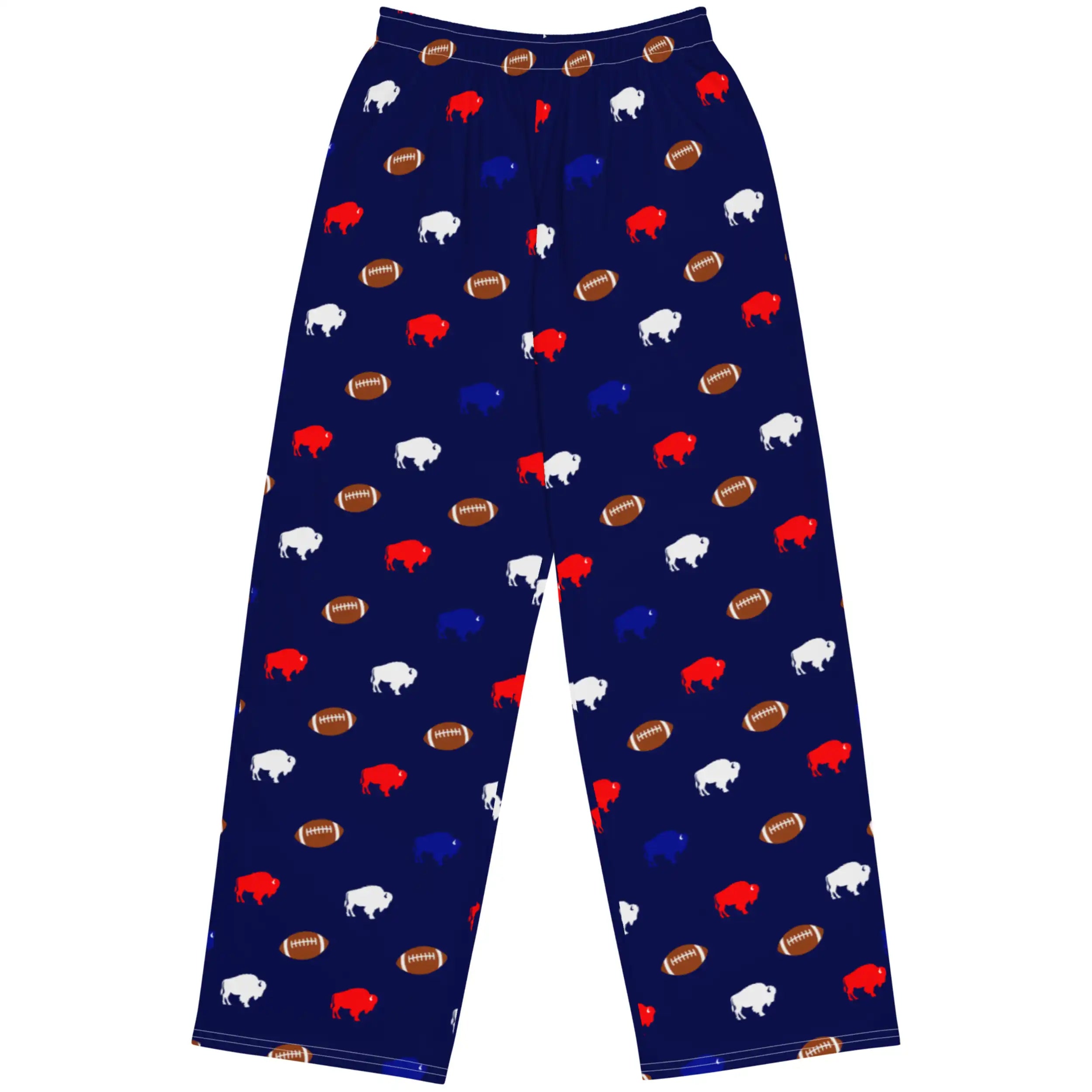 Flat lay of navy blue wide leg lounge pants featuring repeating red white and blue buffalo silhouettes with brown footballs in a playful Buffalo football pattern.