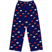 Flat lay of navy blue wide leg lounge pants featuring repeating red white and blue buffalo silhouettes with brown footballs in a playful Buffalo football pattern.