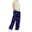 Right side view of navy Buffalo football lounge pants displaying repeating buffalo silhouette and football pattern in bold red white and blue colors with relaxed fit.
