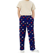Man wearing navy Buffalo football lounge pants featuring playful repeating buffalo silhouettes and football print in comfortable wide leg unisex style.