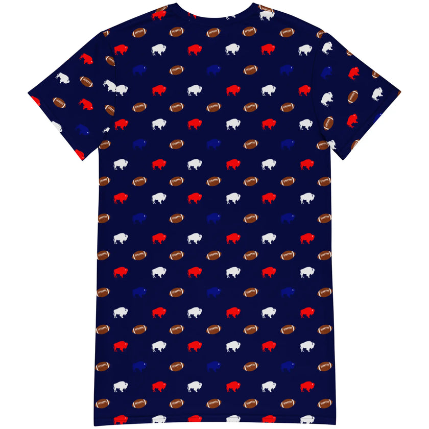 Back view of Buffalo football lounge dress with oversized fit and girly repeating pattern of red blue white buffaloes and brown football graphics in soft all-over print.