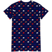 Back view of Buffalo football lounge dress with oversized fit and girly repeating pattern of red blue white buffaloes and brown football graphics in soft all-over print.