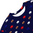 Close-up of Buffalo football loungewear dress showing detailed all-over print with repeating red blue white buffaloes and brown footballs on soft fabric.