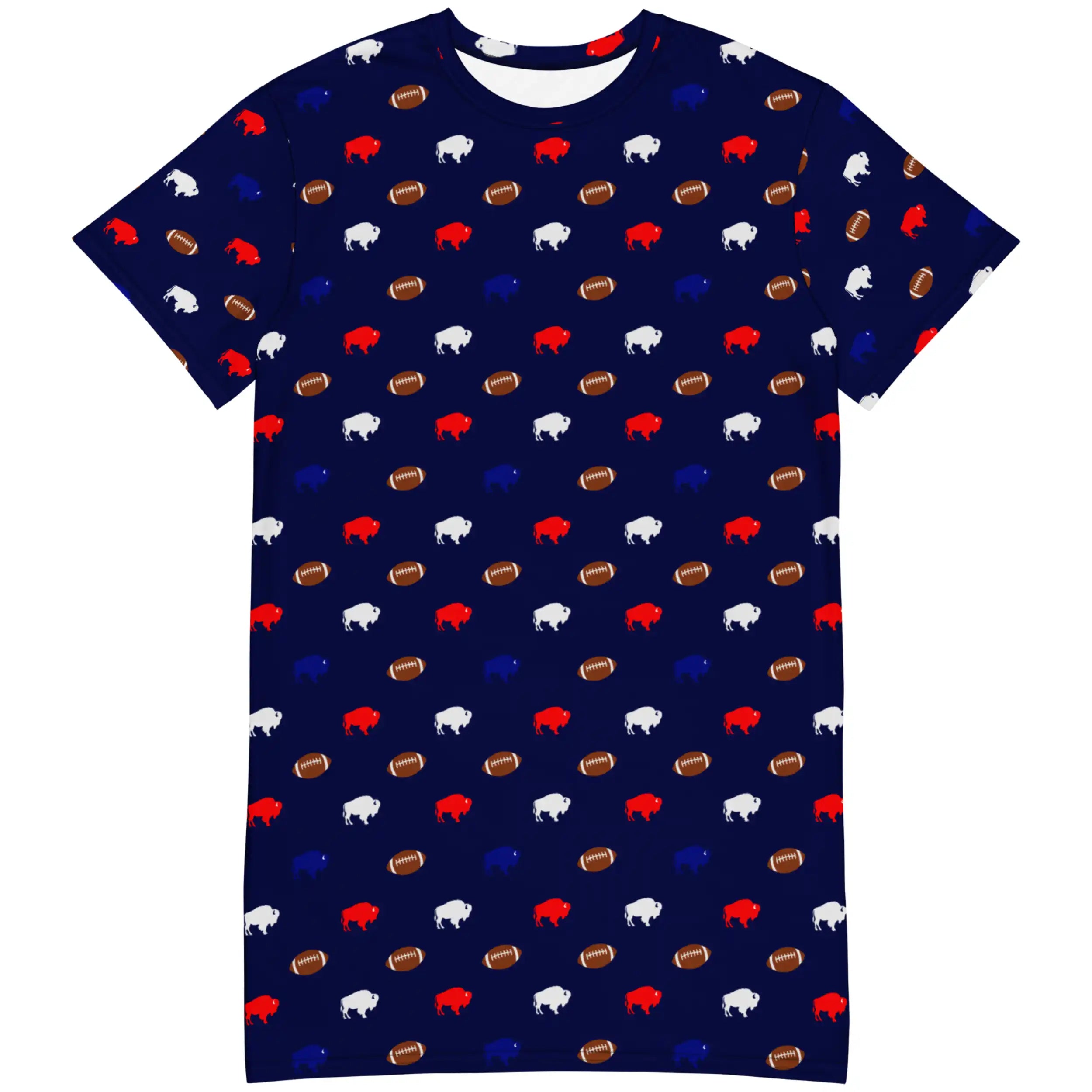 Oversized Buffalo football loungewear dress featuring cute girly all-over pattern with repeating red blue white buffaloes and brown footballs in playful game day inspired print.