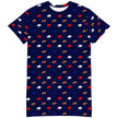 Oversized Buffalo football loungewear dress featuring cute girly all-over pattern with repeating red blue white buffaloes and brown footballs in playful game day inspired print.