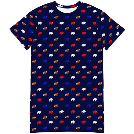 Oversized Buffalo football loungewear dress featuring cute girly all-over pattern with repeating red blue white buffaloes and brown footballs in playful game day inspired print.