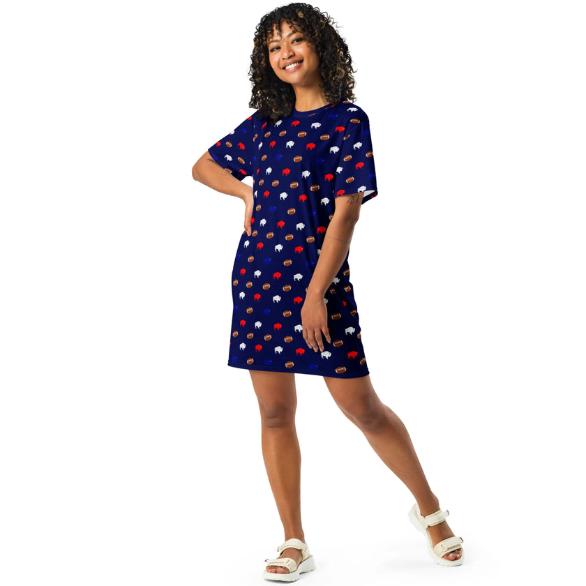Woman wearing oversized Buffalo football sleep dress with cute girly repeating buffalo and football pattern in red blue white and brown, relaxed cozy loungewear style.