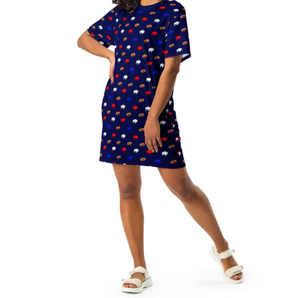 Woman wearing short sleeve oversized Buffalo football sleep dress with cute girly repeating buffalo and football pattern in red blue white and brown, relaxed cozy loungewear style.