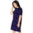 Left side view of woman wearing Buffalo football lounge dress with feminine repeating buffalo and football pattern in red blue white and brown all-over print design.