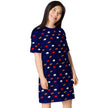 Woman posing in oversized Buffalo football sleep dress featuring fun Buffalo pattern with red blue white buffaloes and brown footballs in cozy loungewear style.