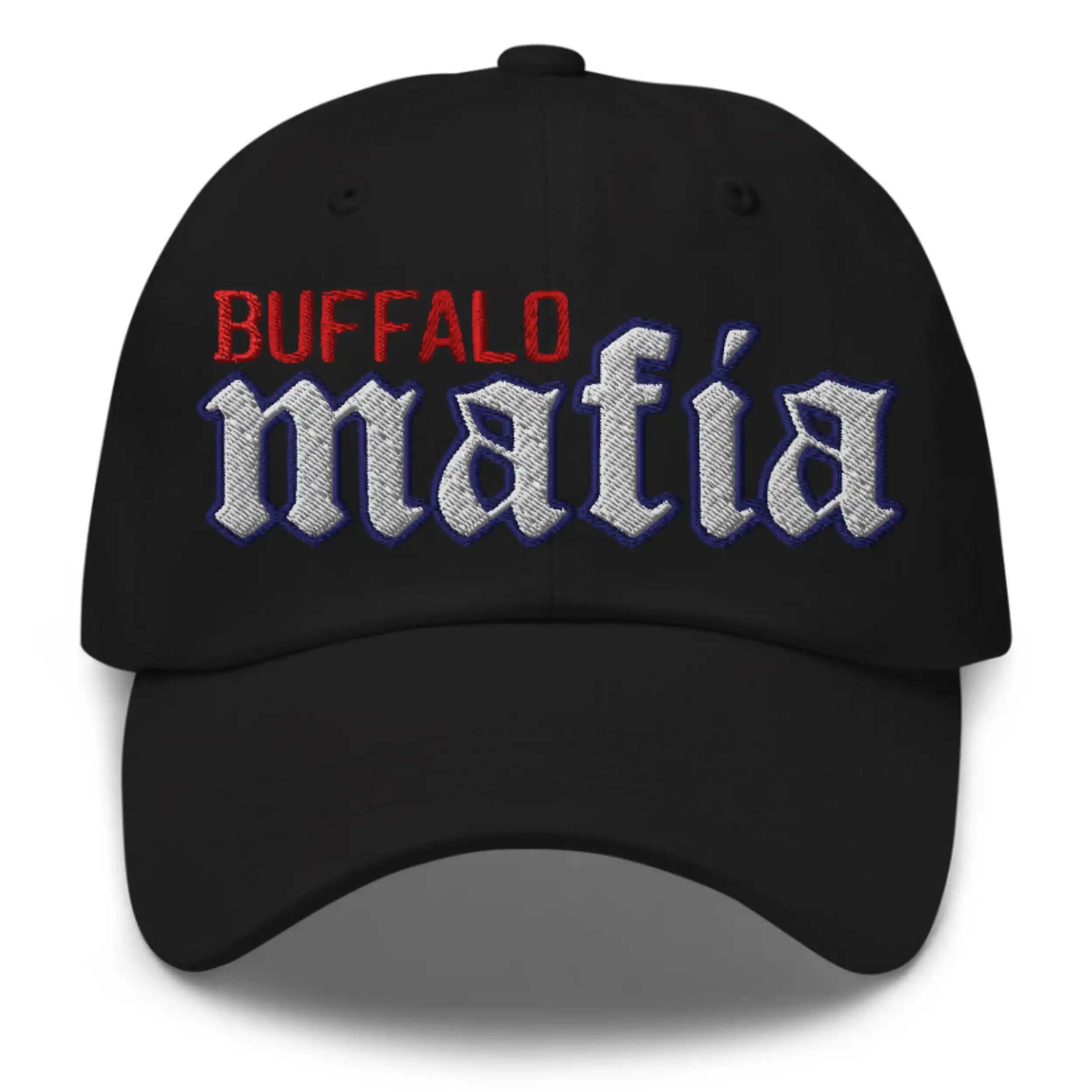 Black dad hat featuring bold old English Mafia lettering with Buffalo text embroidery, stylish Buffalo football game day cap.