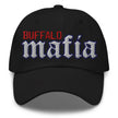 Black dad hat featuring bold old English Mafia lettering with Buffalo text embroidery, stylish Buffalo football game day cap.