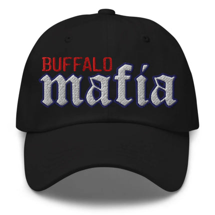 Black dad hat featuring bold old English Mafia lettering with Buffalo text embroidery, stylish Buffalo football game day cap.