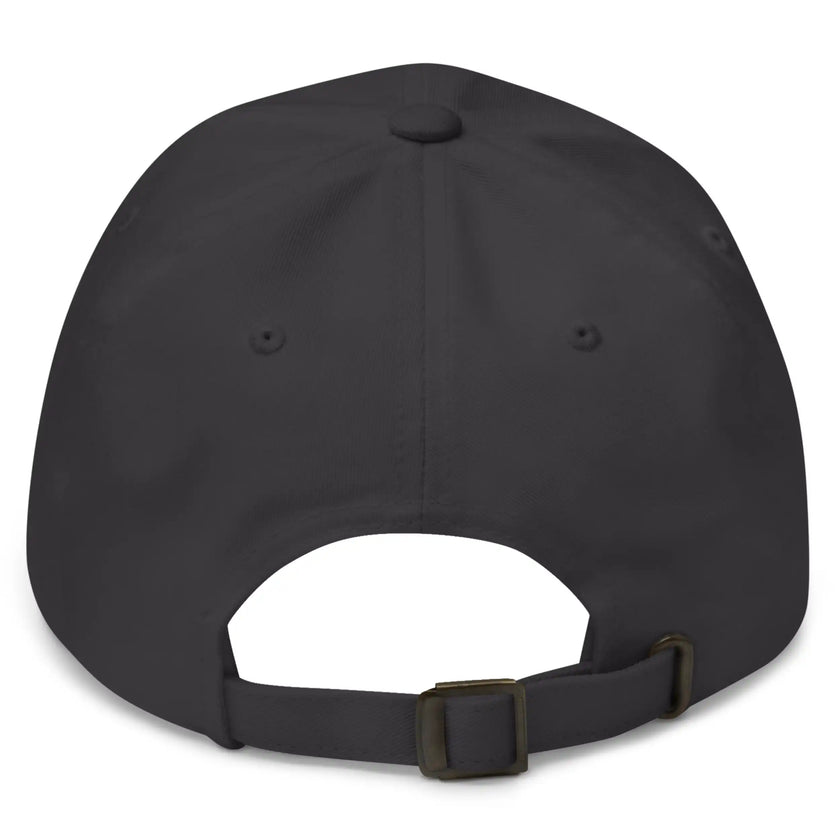 Grey dad hat back view showing adjustable strap and Buffalo football old English Mafia embroidered cap design.