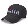 Grey dad hat left front angle featuring old English Mafia lettering with Buffalo embroidery for Buffalo football fans.”