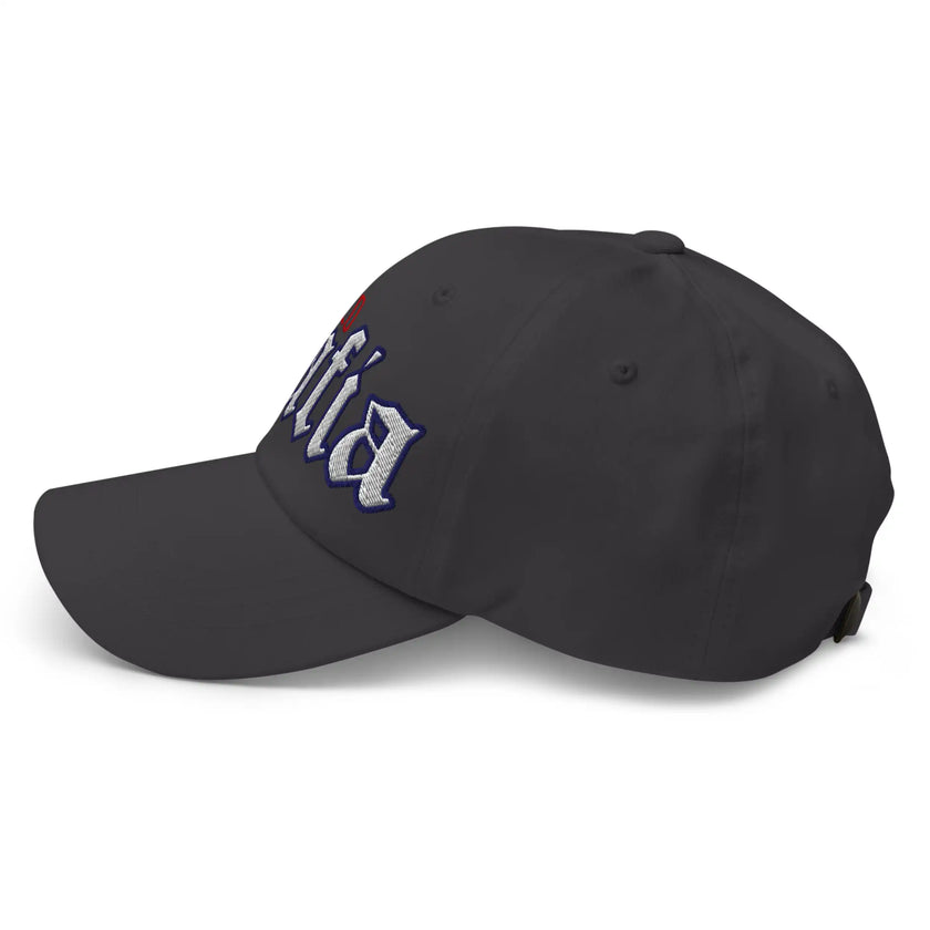 Grey classic dad hat left side view featuring bold old English Mafia lettering with Buffalo embroidery.