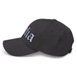 Grey classic dad hat left side view featuring bold old English Mafia lettering with Buffalo embroidery.