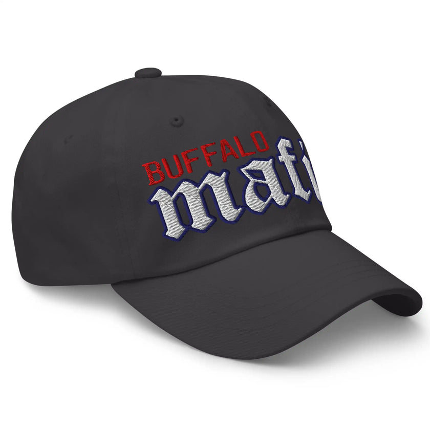 Grey classic dad hat right front angle showing Buffalo football old English Mafia embroidered cap design.