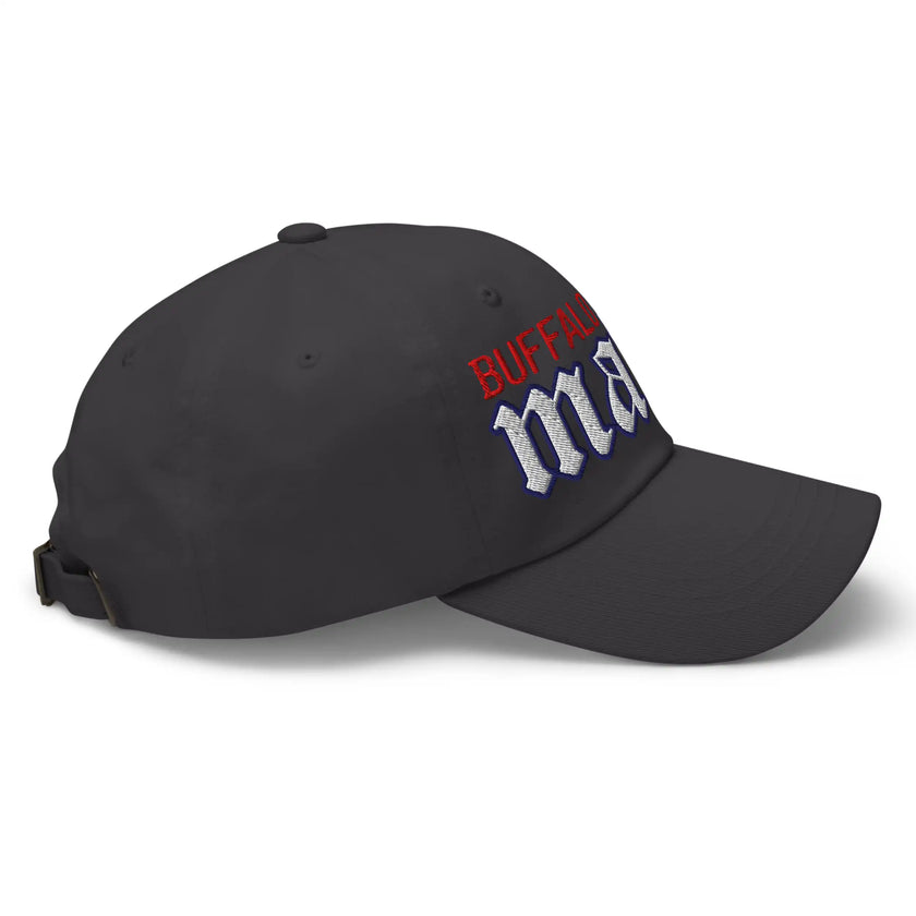 Grey dad hat right side view showing embroidered Buffalo football Mafia lettering and curved brim design.