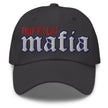 Grey dad hat featuring bold old English Mafia lettering with Buffalo embroidered text, Buffalo football tailgate cap.