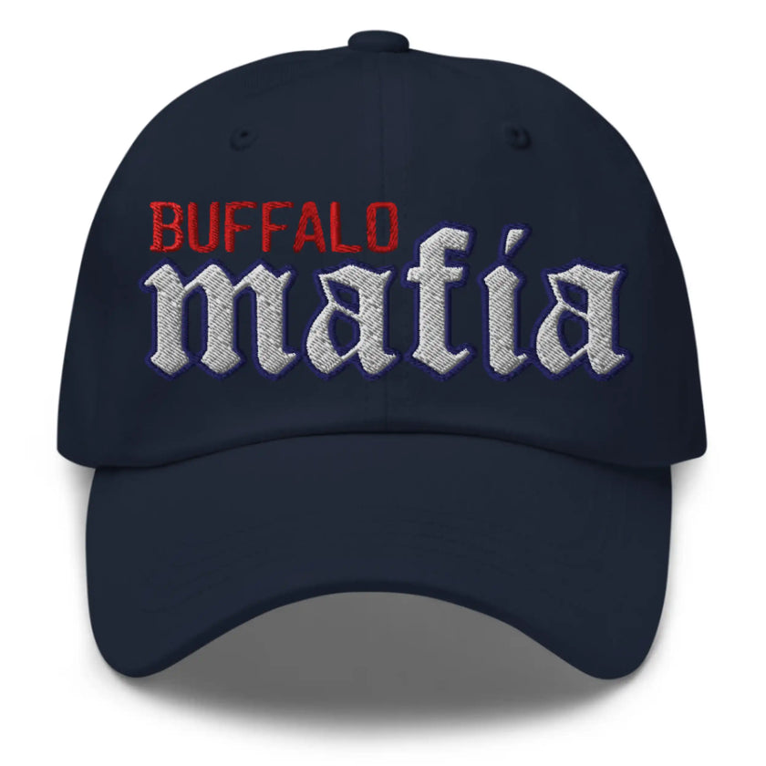 Navy classic dad hat with old English Mafia lettering and Buffalo embroidery, Buffalo football inspired fan hat design.