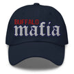 Navy classic dad hat with old English Mafia lettering and Buffalo embroidery, Buffalo football inspired fan hat design.