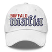 White dad hat with embroidered old English Mafia lettering and Buffalo text design, Buffalo football inspired cap.”