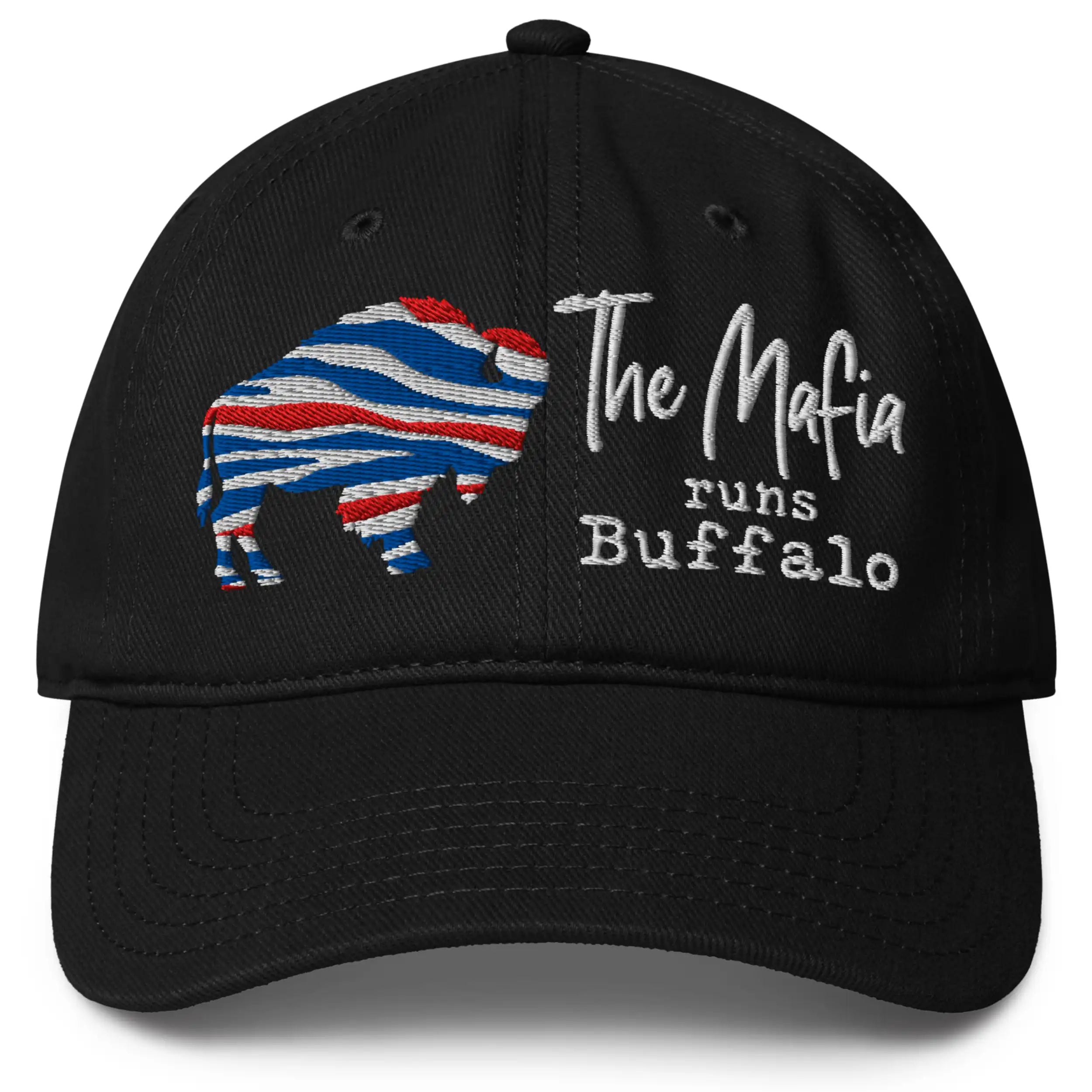 Black Buffalo football Mafia hat featuring red white and blue striped buffalo silhouette with ‘The Mafia Runs Buffalo’ embroidered text, bold Buffalo game day fan hat.