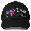 Black Buffalo football Mafia hat featuring red white and blue striped buffalo silhouette with ‘The Mafia Runs Buffalo’ embroidered text, bold Buffalo game day fan hat.