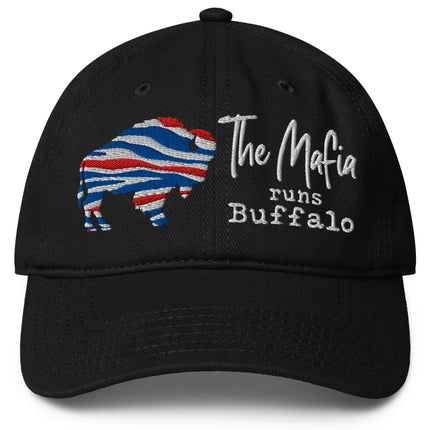 Black Buffalo football Mafia hat featuring red white and blue striped buffalo silhouette with ‘The Mafia Runs Buffalo’ embroidered text, bold Buffalo game day fan hat.
